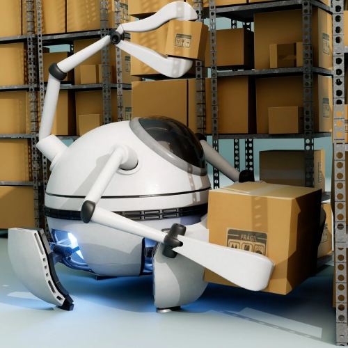 Workers or robotic systems managing inventory in a high-tech warehouse